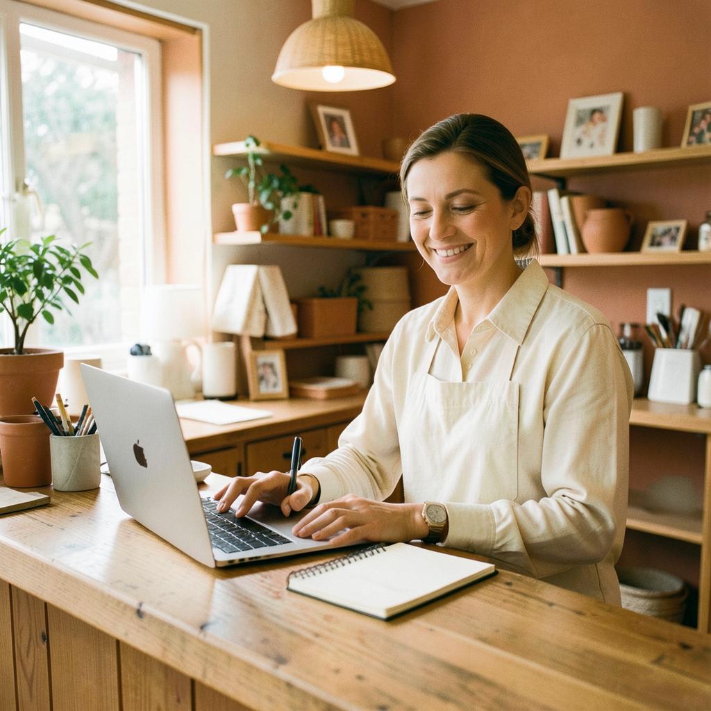 A small business owner working on a laptop behind the counter