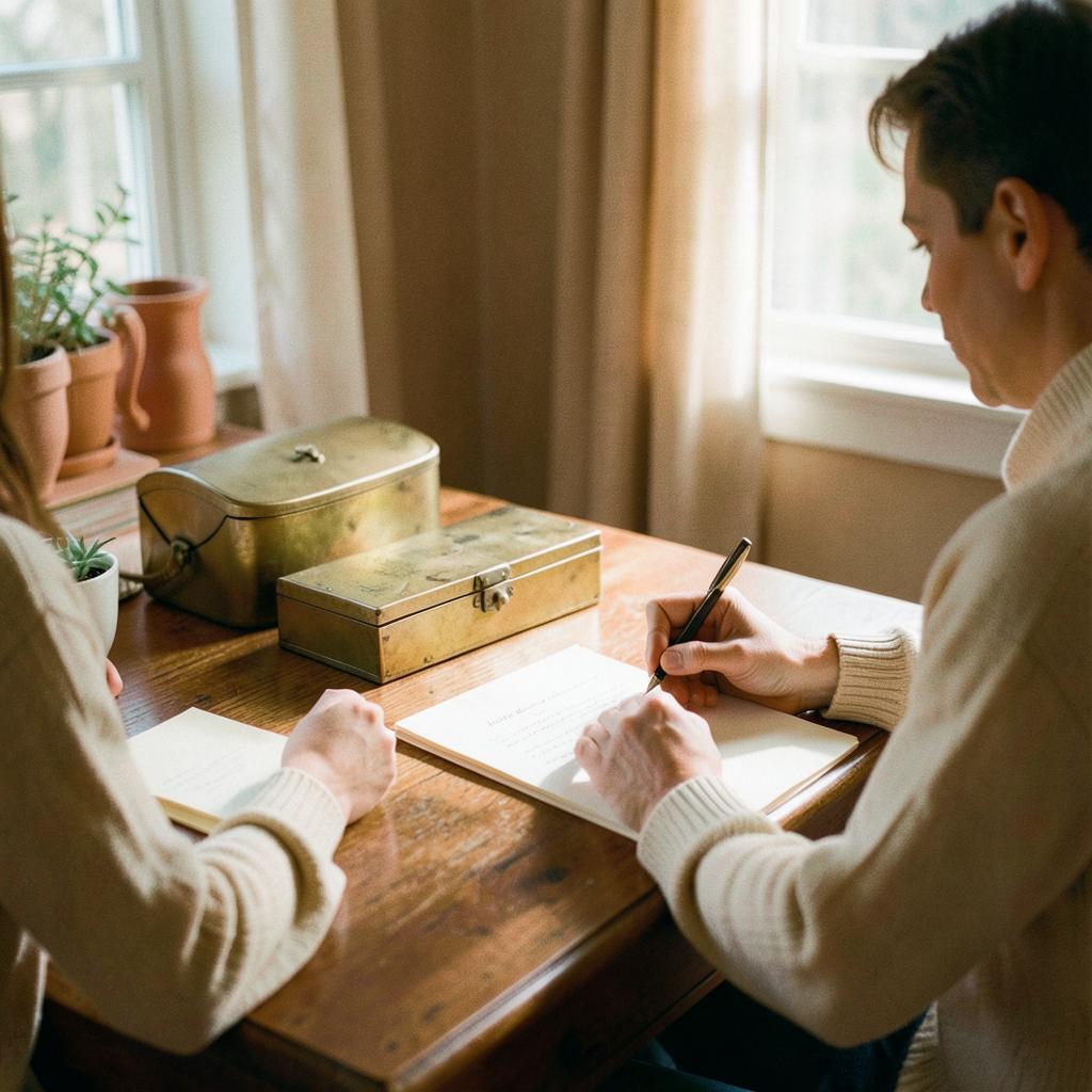 Two people writing a letter beside a closed brass box