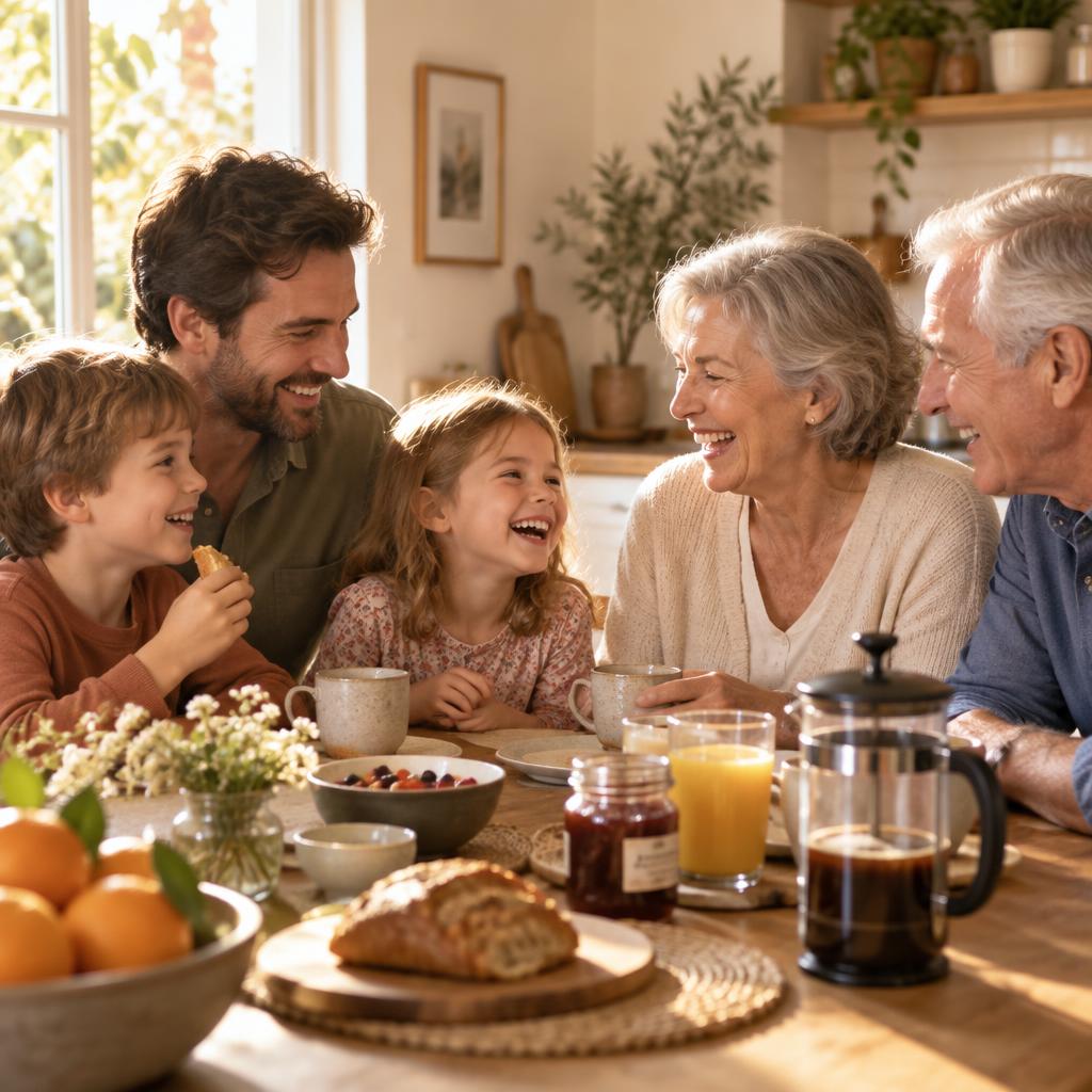 A family of three generations laughing together at the breakfast table.