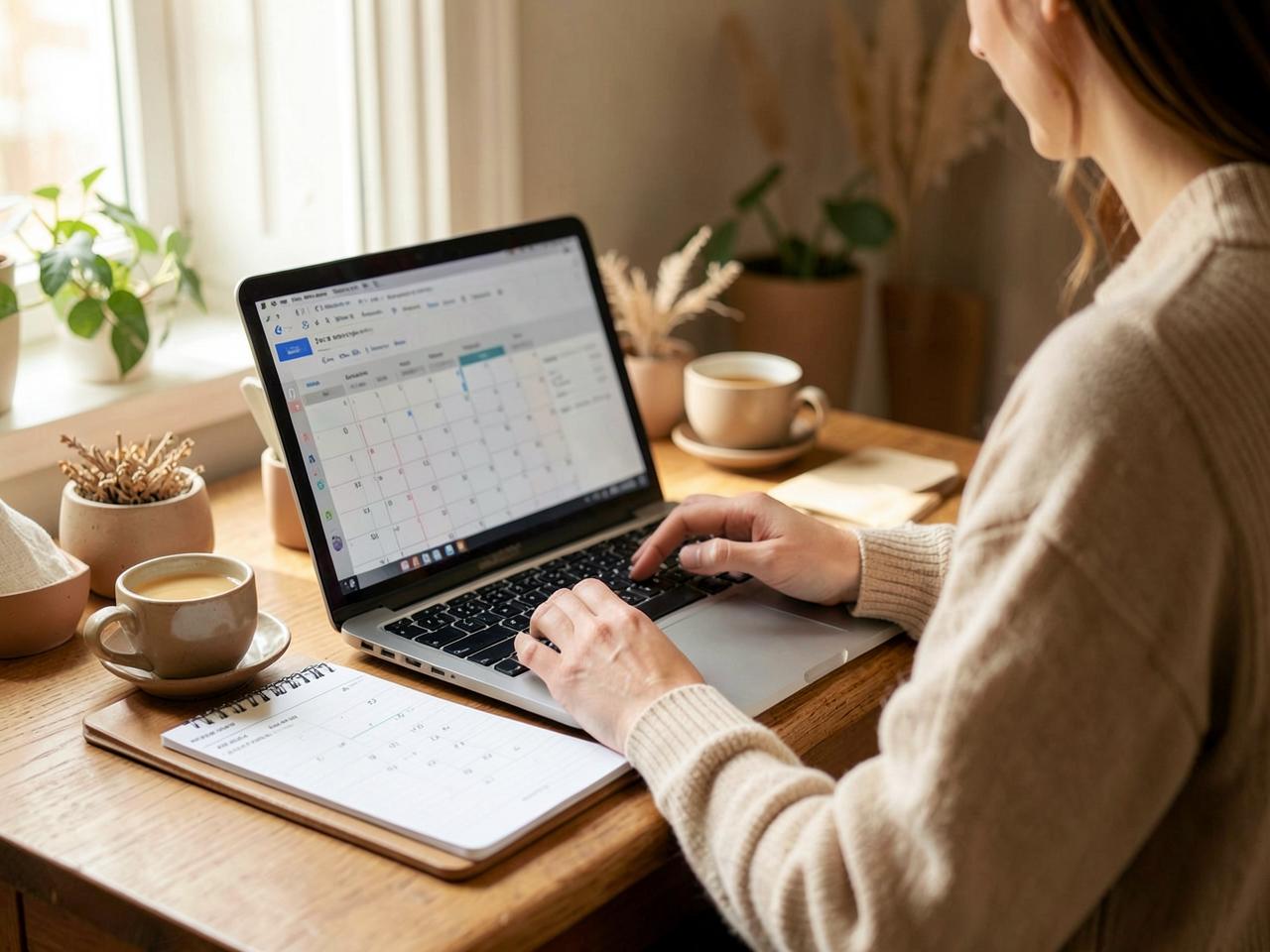 A person using a laptop calendar beside a cup of tea at a home desk