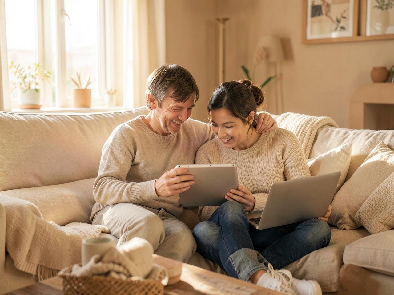 Two family members sharing a tablet and a laptop in a sunlit living room