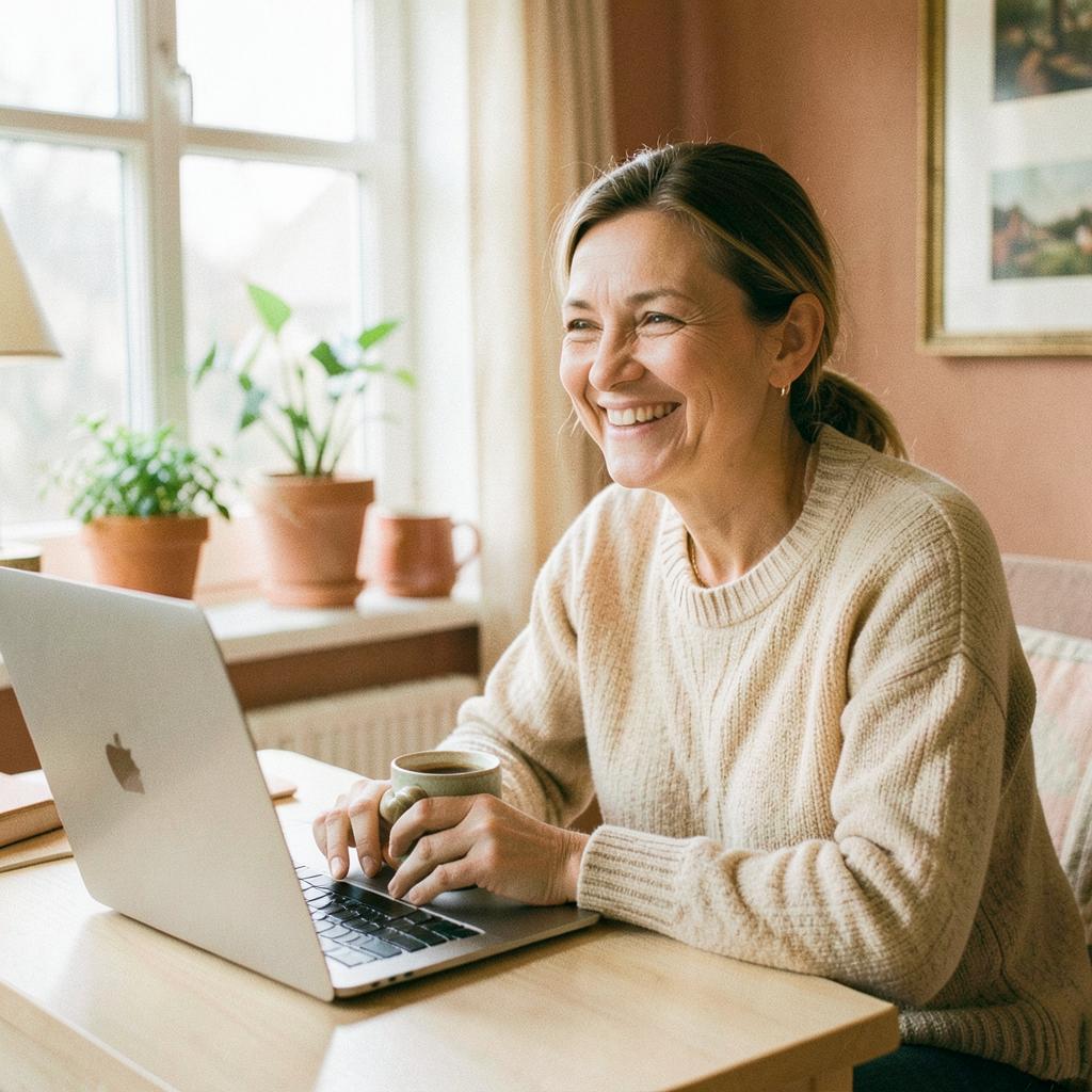 A smiling person with a cup of tea beside a laptop in a home office